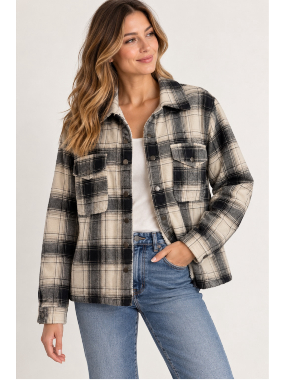 Lucky Brand Sherpa Lined Plaid Shacket L Cream Black Cotton Shirt Jacket